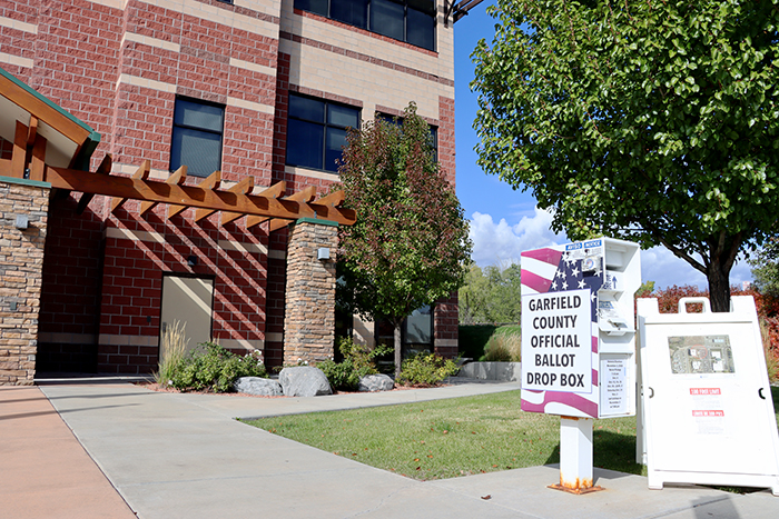 The mail ballot drop box outside of the Garfield County Administration Building in Rifle, Colorado.