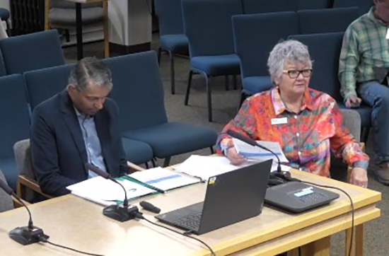 Garfield County Libraries Executive Director Abraham Korah and library board President Adrian Rippy-Sheehy speak to the Board of County Commissioners.